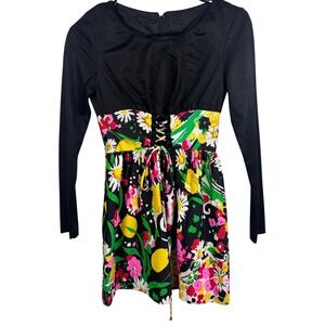 Vintage Mod Floral Print Lace Up A Line Mini Dress Black Long Sleeve